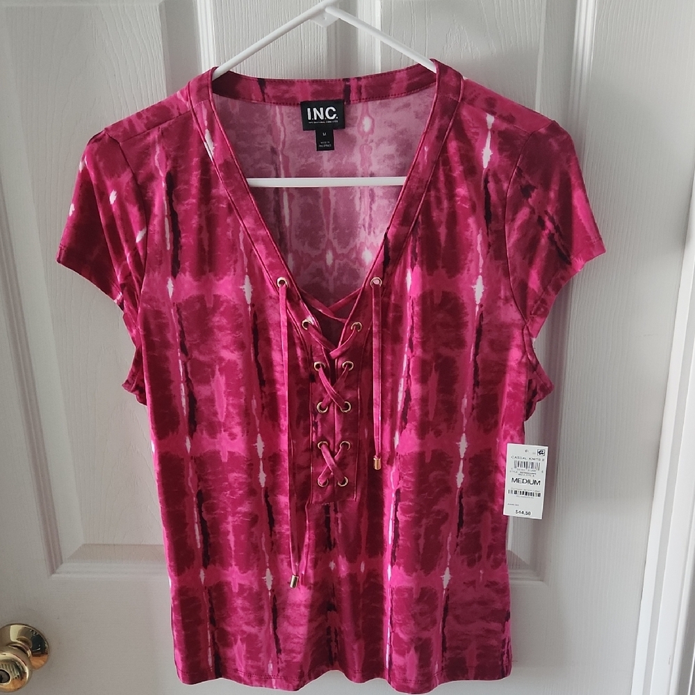 INC International Concepts Fuchsia Tie-Dye Lace-Up Top